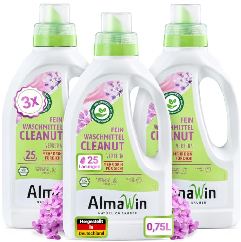 AlmaWin® Feinwaschmittel Cleanut [3x 750ml - 75 Ladungen] mit Waschnuss-Extrakt - Waschmittel mit Verbena-Duft für Feines & Buntes [20-60°C] - Flüssiges Waschmittel Natur - Öko, VEGAN & Palmölfrei