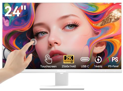 Pisichen 24 Zoll Touch Screen Monitor 2K (2560 x 1440P) IPS Computerdisplay, 144Hz Touchscreen Gaming Monitor, HDMI USBC DP Anschlüsse, Rahmenlos, VESA-Halterung, Weiß