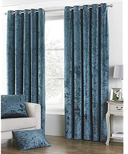 Riva Paoletti Verona Ringtop Eyelet Curtains (Pair) - Teal Blue - Velvet Feel - Crushed Velvet Look - Ready Made - 100% Polyester - 229cm width x 229cm drop (90 x 90 inches) - Designed in the UK