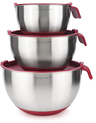 AVACRAFT 18/10 Edelstahl-Rührschüsseln mit Deckel, rutschfeste Silikon-Bodenschüsseln mit Griff, Rührschüssel-Set mit Ausgießer und Messmarkierungen, Home Essentials Kochschüsseln, rot