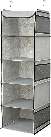 BrilliantJo Hängeregal, Hängeaufbewahrung mit 5 Fächern, Hängeorganizer mit Metallhaken, Schrankorganizer Aufbewahrungssystem für Kleiderschränke Camping 30 x 30 x 108 cm Grau