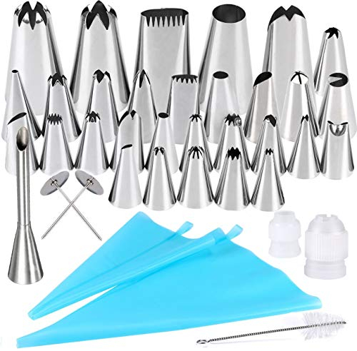Boquillas Repostería Manga Pastelera Silicona, Twolights 39 piezas en Acero Inoxidable Set Profesional de Repostería (31 boquillas, 2 mangas pasteleras reutilizables, 2 acopladores, 2 Cabezales de Flores, 1 cepillo, 1 caja de almacenaje)