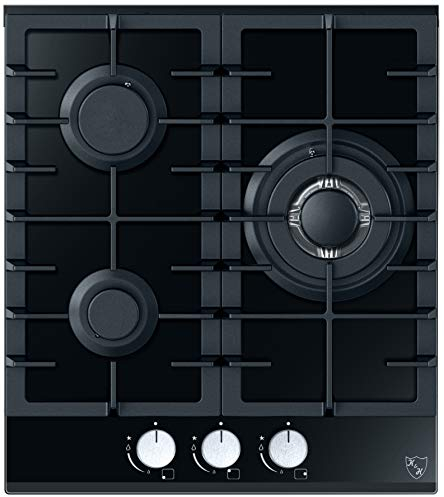 K&H Glas Gaskochfeld 45cm [3 ZONEN] - Gasherdplatten Erdgas - Wok Brenner - Thermoelement Flammenaustrittssystem - 3Z-45 - Autark - Gasbetrieben - Gehärtetes Sicherheitsglas - Abschaltautomatik