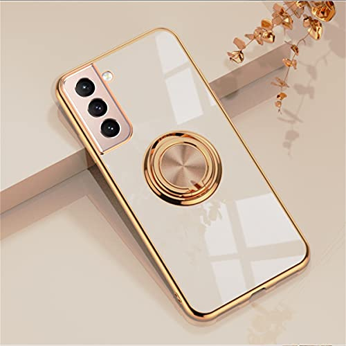 EYZUTAK Electroplated Magnetic Ring Holder Case, 360 Degree with Rotation Metal Finger Ring Holder Magnet Car Holder Soft Silicone Shockproof Cover for Samsung Galaxy S21 - Light Pink