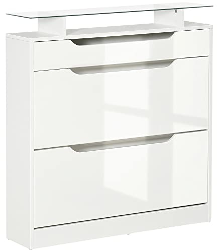 HOMCOM Mueble Zapatero de 2 Puertas Zapatero Estrecho para 16 Pares de Zapatos con Cajón Estante Abierto y Encimera de Vidrio para Pasillo Entrada 89x23x96 cm Blanco