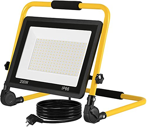 Froadp 200 W LED-byggstrålkastare, kall vit strålkastare med vikbar hängare stående 3 m strömkabel med kontakt, aluminiumhölje arbet IP66 vattentät, utomhu med blixtskydd för