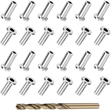 Fundas protectoras de acero inoxidable para barandilla de cable de alambre de 1/8 pulgadas, kits de barandilla de cable de cubierta con una broca para postes de madera y compuestos (100)
