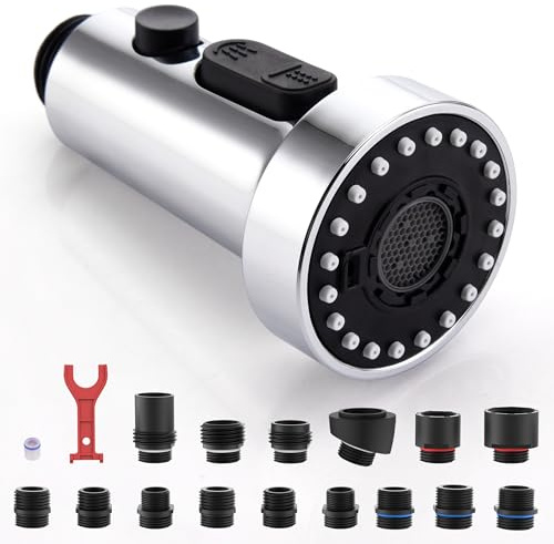 【Updated】 Pull Down Kitchen Faucet Sprayer Head Replacement Part, 3 Function Pull Out Sink Sprayer Replacement Nozzle, Kitchen Faucet Head Hose Spray Tap Spout, Chrome | 3 Function with 15 Connectors Pull Out Sink Sprayer Replacement Nozzle, Kitchen Faucet Head Hose Spray Tap Spout