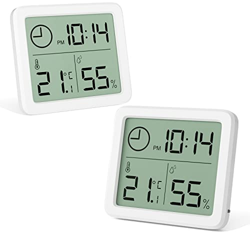 Gvolatee 2 stück Mini Digital Thermometer, Genaues Weißes Zimmerthermometer | Professionelles Tragbares Großbild Hygrometer mit Uhr, Raumthermometer für Zuhause, Babyzimmer, Büro, Gewächshaus