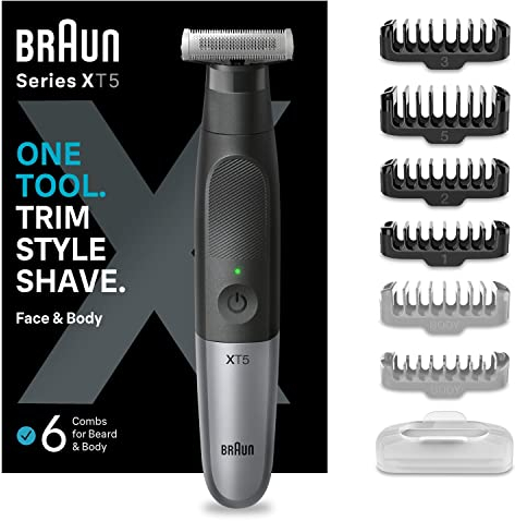 Braun Series XT5 Gesicht & Körper, Elektrischer Rasierer, Barttrimmer & Bodygroomer, 7 Zubehörteile, Körperrasierer mit Sensitiv Kammaufsatz, 45 Min Akku, Trimmen & Rasieren, Wasserdicht, XT5200, Grau