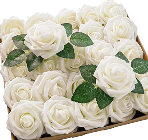 Haobase Rose artificiali, 25 rose finte in schiuma, per bouquet fai da te, matrimoni, centrotavola, decorazioni per la casa (avorio)