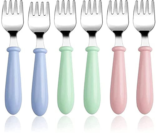 Seufrtyuo 6 PièCes Fourchettes pour Tout-Petits en Acier Inoxydable, Fourchettes à Couverts pour Enfants avec PoignéE Ronde, Ensemble de Couverts/Argenterie Danger pour les Enfants