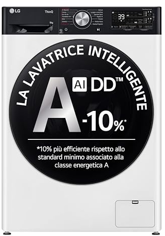 LG AI DD F4R7509TSWB Lavatrice 9kg, a Carica Frontale, Serie R7, Lavatrice Classe A -10%, 1400 giri, TurboWash 360, Autodosaggio, Vapore su 7 Programmi, Wi-Fi, Libera Installazione, Bianco
