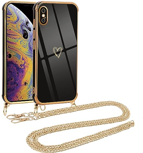 Vauki handyband für iPhone XS Max Hülle mit Band, Handyhülle mit Kette, Herz Motiv, Ultra Dünn Stoßfeste Aesthetic Case mit Kordel zum Umhängen für iPhone XS Max 6.5 Zoll, Goldene Metallkette