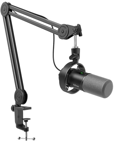FIFINE Dynamic Podcast Microphone Set with Boom Arm Stand, Studio XLR/USB Microphone for Recording Vocal Streaming, Studio Metal Mic with Mute Tap, Headphone Jack, Heavy Duty Boom Arm-K688T