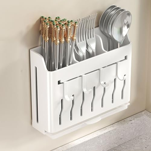 Dxcaicc Porte-ustensiles Mural, Organisateur de Rangement Suspendu avec Crochets, Porte-Couteaux, Baguettes, Couverts, argenterie, Support de Rangement, pour fourchettes,Blanc,B
