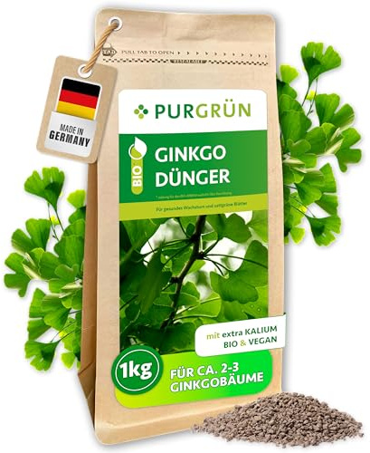 Purgrün® Bio-Ginkgo-Dünger 1 kg – Erhöht die Widerstandskraft mit extra Kalium – Extra Magnesium für leuchtend grüne Blätter – Verbessert die Bodenqualität – Veganer Baumdünger für 2-3 Ginkgobäume