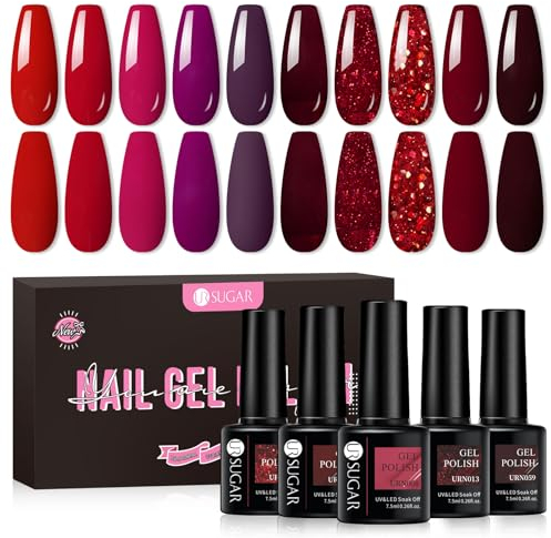 UR SUGAR UV Nagellack Rot Glitzer, Nagellacks Lila Gel Nagellack Gellack UV Farbgel Starter Set für Nagelstudio Nagel mit Geschenkbox Maniküre Set