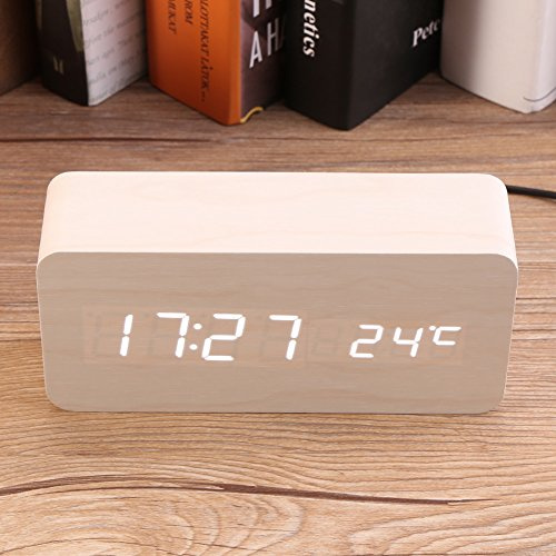 WGFOIP Sveglia Digitale LED in Legno, Display Temperatura Controllo Vocale Design Portatile, Sveglia da Tavolo Moderna con Alimentazione USB/Batterie, Decorazione per Casa Ufficio Viaggio