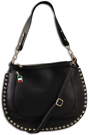 Florence Umhängetasche Damen Satteltasche Nieten Echtleder schwarz OTM105S Leder Schultertasche