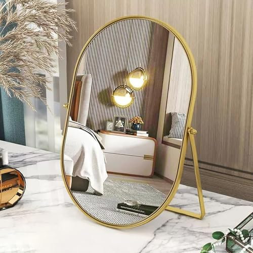 Gosider Miroir de Maquillage Ovale doré avec Cadre en métal - Portable, unilatéral, orientable - pour vanité, Commode, Salon, Chambre à Coucher, Bureau