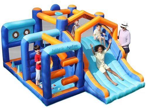 AirMyFun Inflatable Bounce House, Obstacles Bouncer & Slide with Air Blower (Multi-Functional Obstacles & Wide Slide)