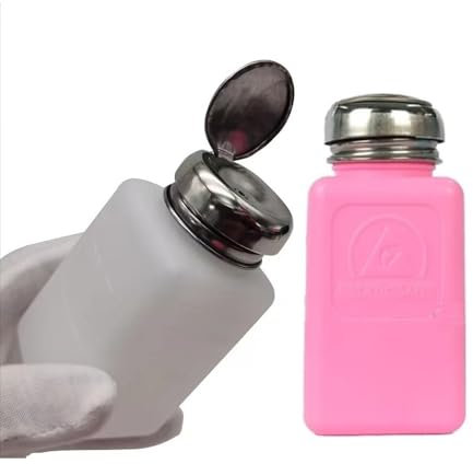 Lot de 2 flacons de solvant ESD de 200 ml | Flacon carré antistatique en EPA | Distributeur de liquide en acier inoxydable à pression unique antistatique pour frotter l'alcool, le vernis à ongles, le