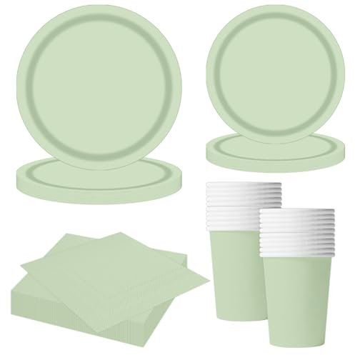MORAINJAY Set di 68 Pezzi di Stoviglie Verde Salvia per Feste, Piatti di Carta, Bicchieri, Tovaglioli, Stoviglie per Compleanni, Matrimoni, Baby Shower, Lauree, Anniversari, Set per 16 Ospiti