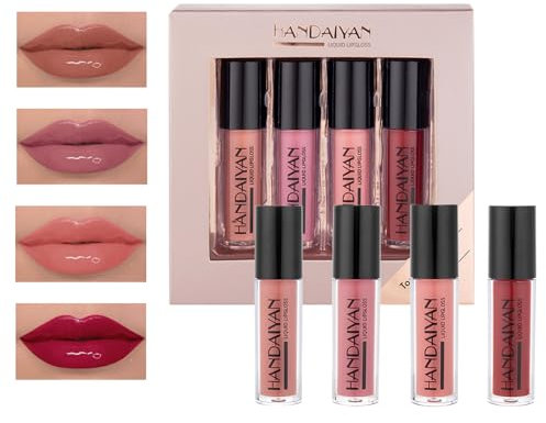 Amexo 4 Pezzi Rossetti Liquido, Set di Lucidalabbra Opaco Lunga Durata, Rossetti Liquidi Matte Idratante Tazza Antiaderente, Make Up Lipstick Regalo per Donna Ragazze (01#, Umido)