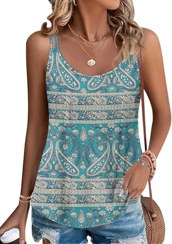 PLOKNRD Damen Tank Top Sommer Spaghetti Oberteile Ärmellose Rundhalsausschnitt Shirt Blusen Tops Boho Floral Grün S