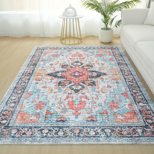 Xfrog Vintage Area Rug Large Machine Washable Rug Non-Slip Short Pile Floral Print Traditional Rug Carpet for Office Dining Living Room 160x230CM