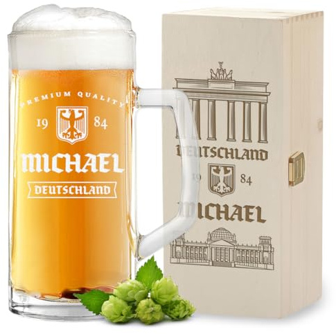 polar-effekt Bierseidel 0,5 Liter + Holzkiste 2-tlg Set mit Gravur für Männer - Bierkrug mit Namen - Geschenk zum Vatertag - Bierglas für Pils, Export und Lager