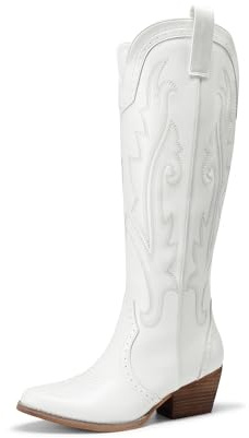 DREAM PAIRS Stivali da Cowboy Alti Fino al Ginocchio con Cerniera Laterale da Donna, Comodi Tacco Grosso retrò Stivali da Cowgirl Western Ricamati,Size 41,Bianco,DWUMKB2501