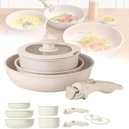 Mixtric Set di Pentole Gourmet, Padella Antiaderente in Ceramica con Coperchio, Set di Pentole in Ceramica Gourmetific, Manico Staccabile Pentole E Padelle Gourmetific,Bianca,9pcs