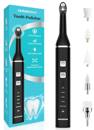 Macchine Per La Lucidatura Dentale, RRZIOM Kit Pulizia Denti per Per la pulizia e lo Sbiancante, Pulizia Denti Tartaro Impermeabile con Luce LED, 5 Testine, 5 Modalità, Ricaricabile