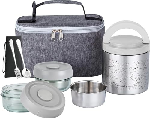 Lille Home Portable Insulated Lunch Box Set with Stainless Steel Cutlery, vacuum lunch box, to Keep Food Warm or Cool, Two Containers for Fruits and Sauces, Durable and Leak-Proof(GREY)