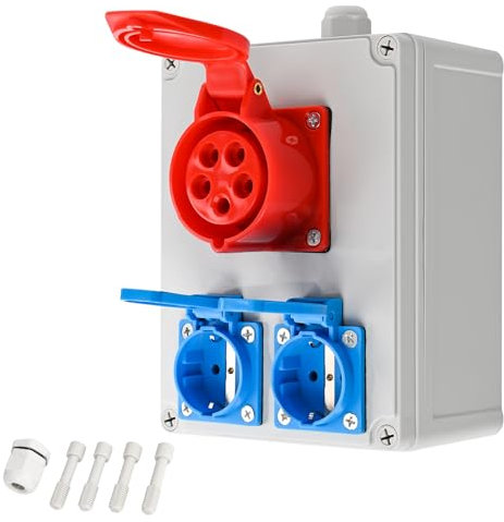 TEOV Kombi Wandsteckdose, CEE-Steckdose 5 polig 16A 400V + 2x Schuko-Steckdose 220V, IP44 Wandsteckdose mit Abdeckung