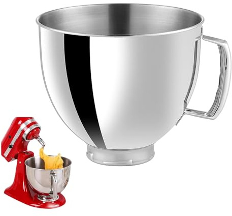SH-RuiDu Stainless Steel Replacement Mixer Bowl for 4.5L/5QT Tilt-Head Stand Mixers, 0.7mm Thick 304 Stainless Steel Mixing Bowl with Ergonomic Handle for Baking & Dough Kneading, Silver