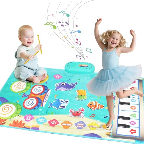 kidmance Jouet Bebe 1 an, Tapis Musical Bébé avec 6 Animaux Marins - Piano et Tambour 2 en 1, Jouet Éducatif pour Enfants de 1 à 3 Ans, Cadeau Parfait pour Noël et Anniversaire