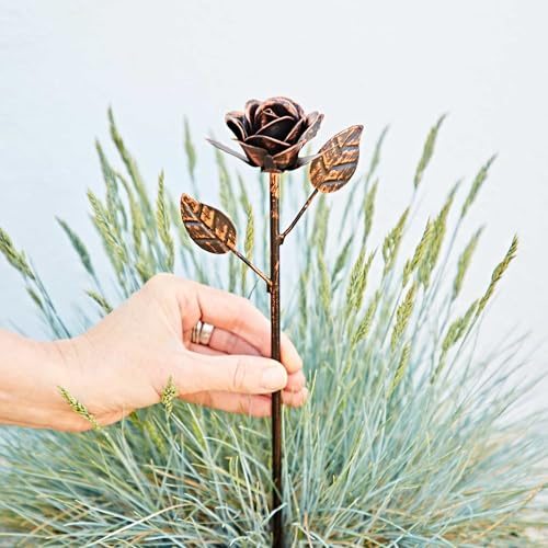 Paper High Recycled Iron Distressed Copper Rose Garden Stake - Outdoor Decoration - Metal Sculpture - Garden Accessory - Flowerbed Décor - Fair Trade