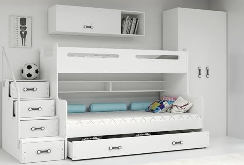 Interbeds Etagenbett Hochbett Stockbett mit Treppe und Stauraum Kinderbett Stauraumbett für Kinder und Jugendliche Bettgestell mit Lattenrost (weiß+weiß)