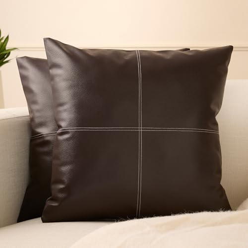 Encasa XO Fundas de cojín de Piel sintética 45x45 cm Puntada marrón Oscuro | Juego de 2 Fundas Decorativas | Fundas de cojín Modernas de Estilo rústico para Sala de Estar, Dormitorio y sofá