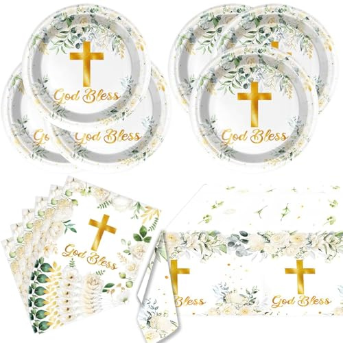 41 Stück Pappteller Kommunion Konfirmation Deko Set mit Gold Kreuz God Bless Eukalyptus Design Partygeschirr für Taufe Erstkommunion Jungen Mädchen Tischdeko mit Tischdecke Servietten Dessertteller