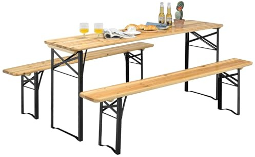 FANTASK 3tlg. Campingtisch Set mit 2 Sitzbänke, Campingtisch Set Metallrahmen, Festzeltgarnitur Picknicktisch, Bierzeltgarnitur für Terrasse & Garten, 178 x 46 x 76cm