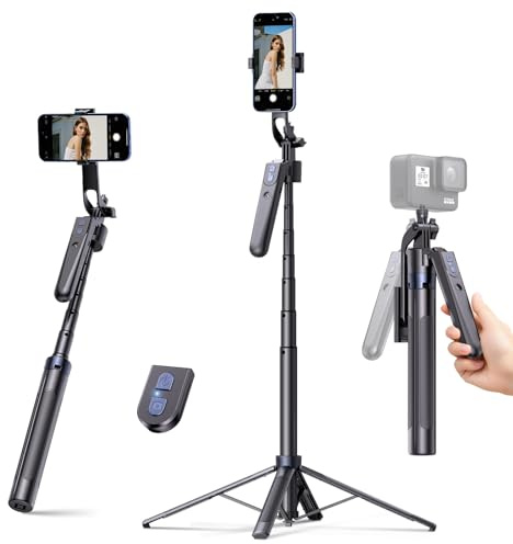 REQO Treppiede per iPhone da 180 cm, rotazione a 360 gradi, con telecomando, supporto per telefono che segue i tuoi movimenti per Android, live, registrazione video (nero)
