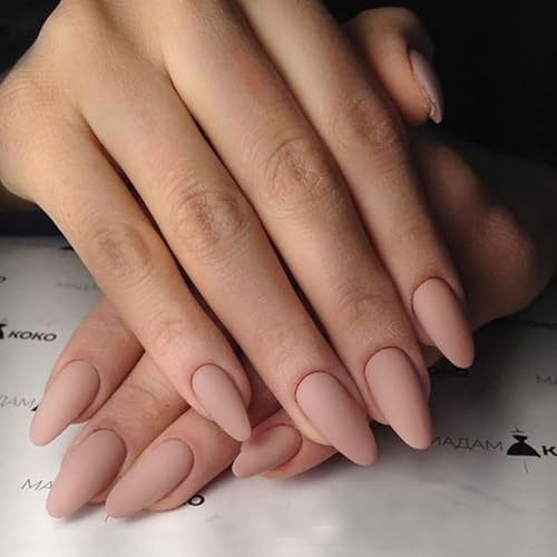 Almond Nude Pink Matte French Press-On Nails med lim – 24 st eleganta naken färg konstgjorda naglar, hållbara franska konstgjorda naglar, snabbtorkande, manikyr med fullständig täckning