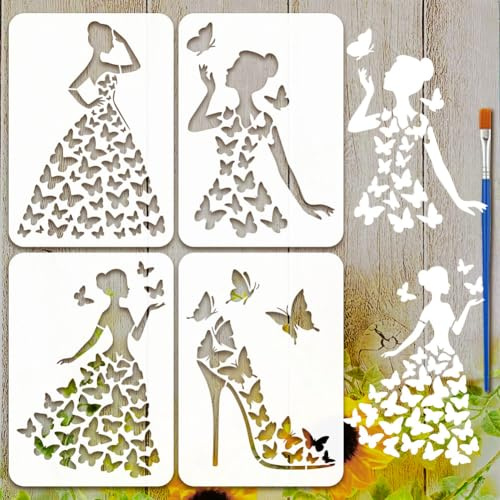 FINGERINSPIRE 4 Stück Weibliche Malschablone Mit Schmetterling Und Kunststoffpinsel 21x29.7cm Frauen Silhouette Vorlage Schmetterlingskleid High Heels Schablone Fantasy Themenvorlage Für Holz