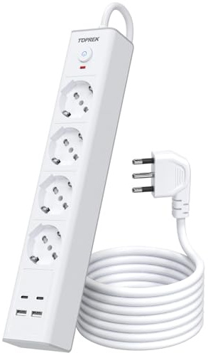 TOPREK Ciabatta Multipresa Elettrica con 4 Prese e 2 USB A 2 USB C, 2M Cavo
