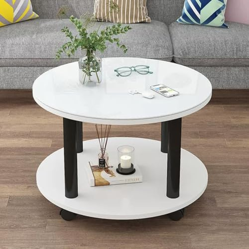 Kaverno Mesa De Centro Redonda con Ruedas, Mesa Centro Cristal con Almacenamiento, Mesa De Centro Salon, Doble Capa para Salón Dormitorio Oficina(White+Black,50cm/19.7)