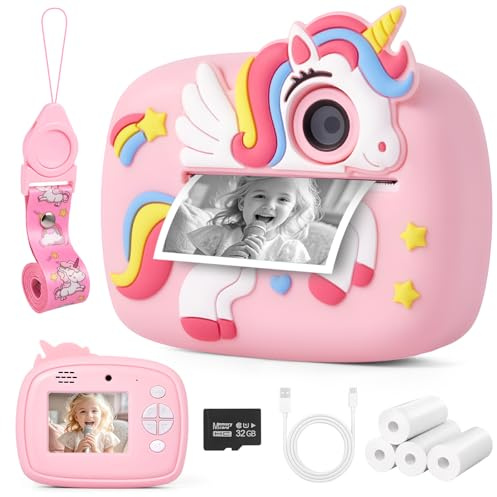 Kids Camera Instant Print, 48MP 1080P HD Children Digital Camera with 32GB Card & 4 Rolls Paper, Selfie Printing Camara Toddler Toys Christmas Birthday Presents Gifts for Girls Boys Age 3-12 Year Old